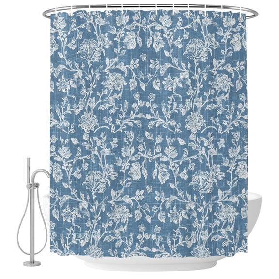 Small Stall Shower Curtain 36x72 Inch Narrow Half Size Botanical Rose Bud Bath Curtains Bathroom Decor, Vintage Slate Blue Floral Leaves Farmhouse Fabric Shower Curtain Set with Hooks 36 Inch