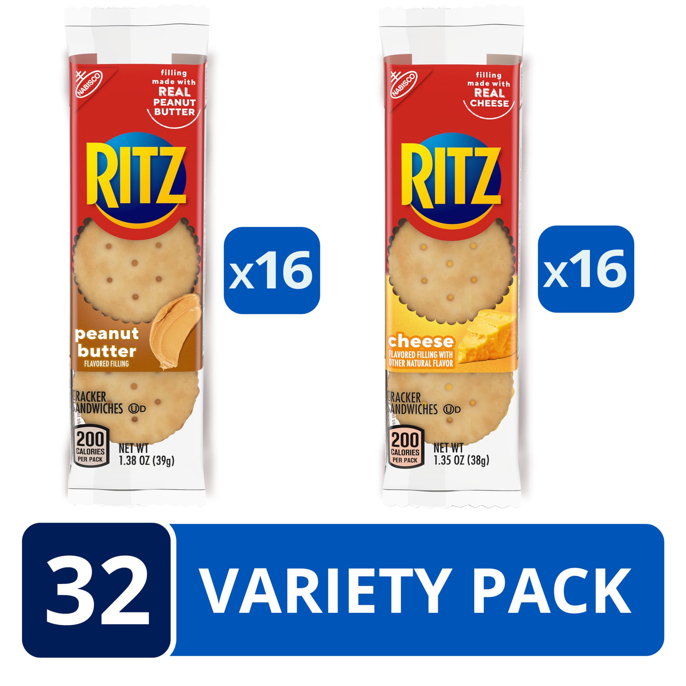 RITZ Peanut Butter and Cheese Sandwich Crackers Variety Pack, Lunch Snacks, 32 Snack Packs