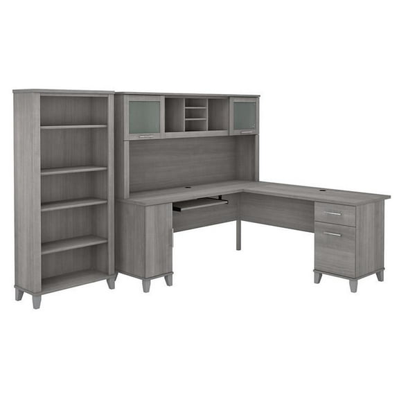 Pemberly Row 72W L Shaped Desk with Hutch and Bookcase in Gray - Engineered Wood