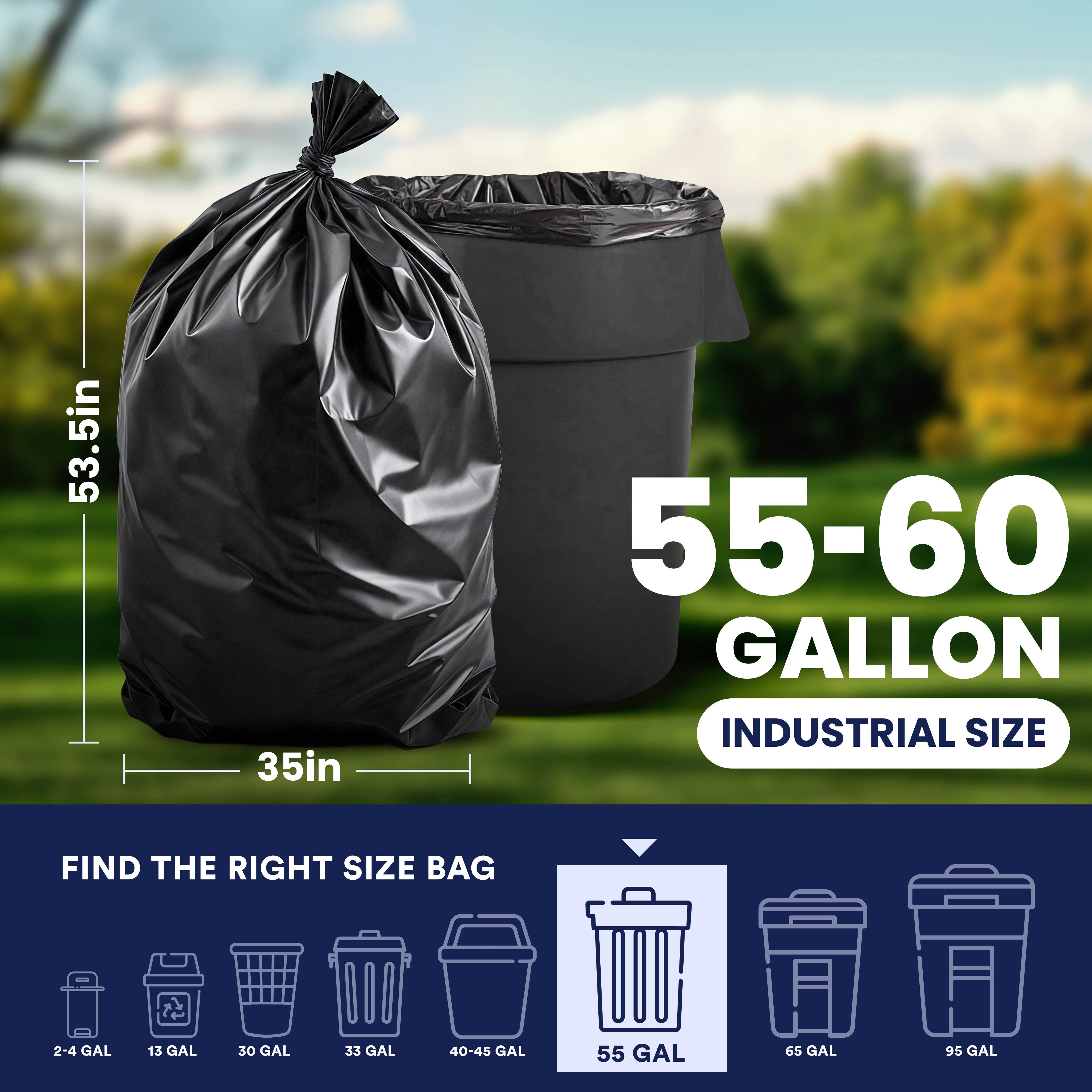Plasticplace 55-60 Gallon Trash Bags │ 1.2 Mil │ Black Garbage Can Liners │ 35” x 53.5” (90 Count)