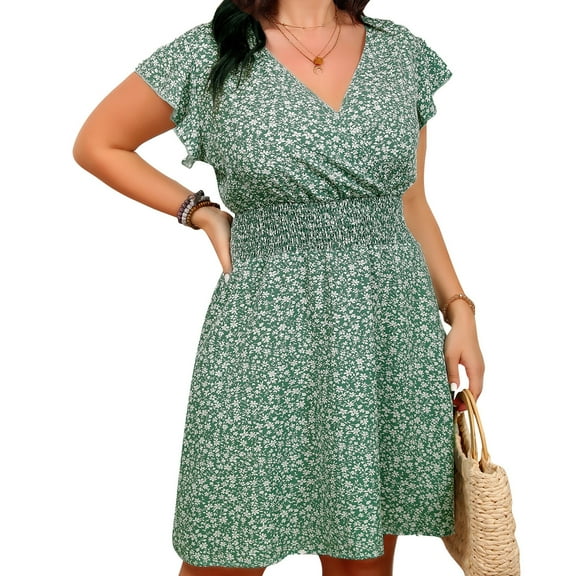 Qingpeng Women's Plus Size Summer Dresses Floral Print V Neck Short Sleeves A Line Casual Short Dress