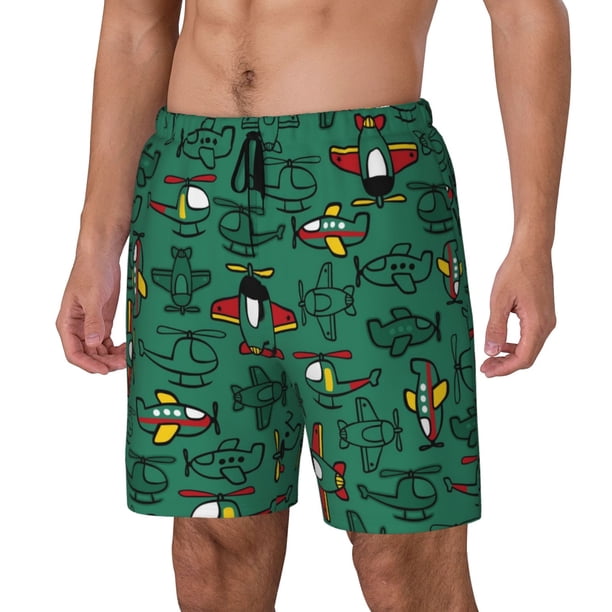 Balery Cartoon Air Transportation Bañador para hombre, shorts de playa de secado rápido con entrepierna y forro de compresión-Large