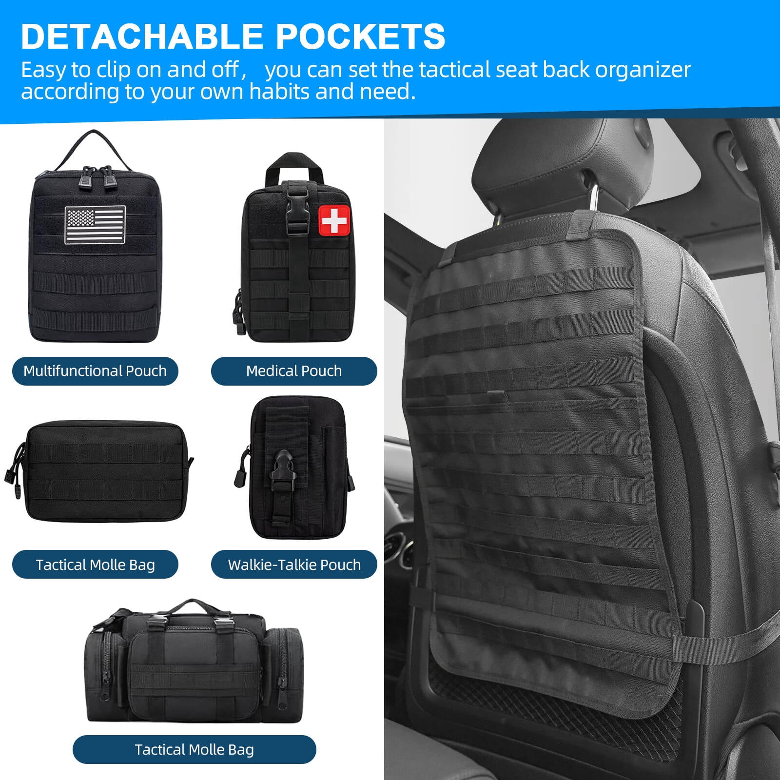 FANOTEK Universal Tactical Car Seat Back Organizer Bag, Vehicle Organizers Panel with 5 Detachable Molle Pouches Pocket for Most Car SUV Sedan Truck Jeep Black