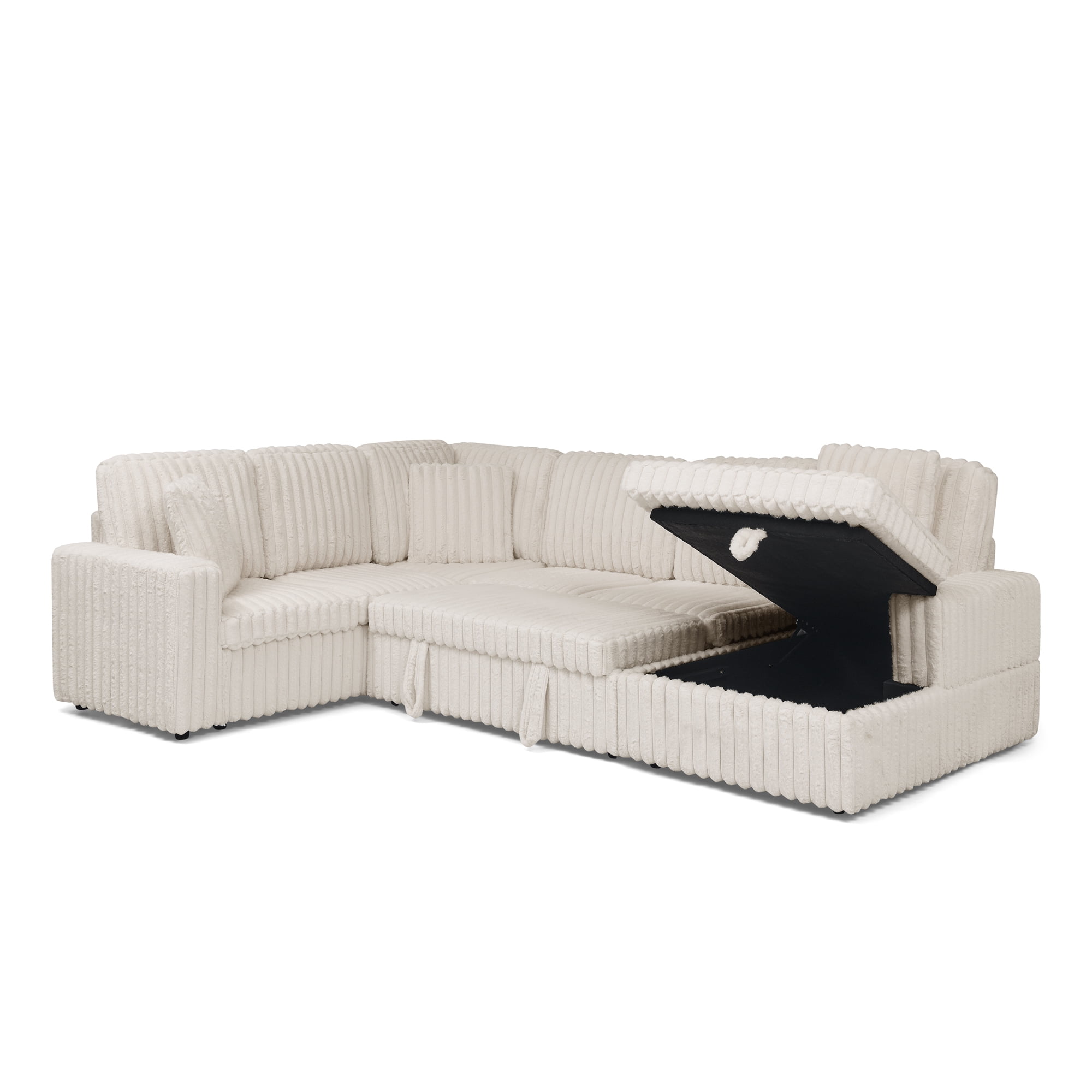 Corduroy U-shaped Sectional Sofa, Modern Minimalist Modular Couch with Pull-Out Sleeper Bed and Storage Chaise, Soft Fabric Convertible Sofa for Living Room, Apartment