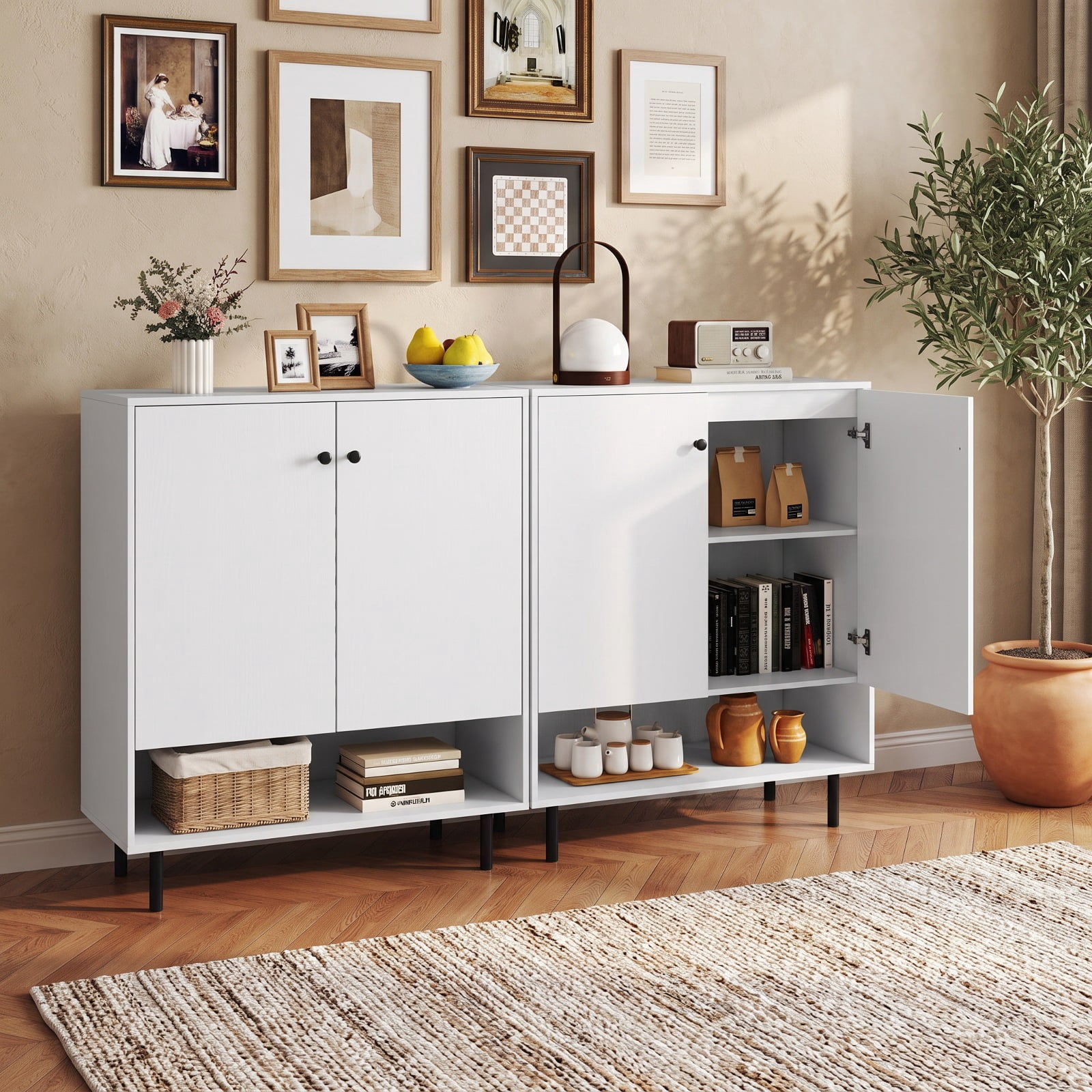 Furnibear 2-Door Sideboard Buffet Cabinet Kitchen with Adjustable Shelf for Kitchen Dining Living Room Buffet Storage Server, White