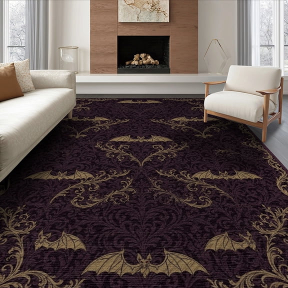 ODIKA 8'x10' Washable Area Rug Bat Gothic Damask Motif Vintage Filigree Scroll Ornamental Horror Flowing for Dining Room, Large Office, Lounge, Non-Slip Chair-Friendly Mat