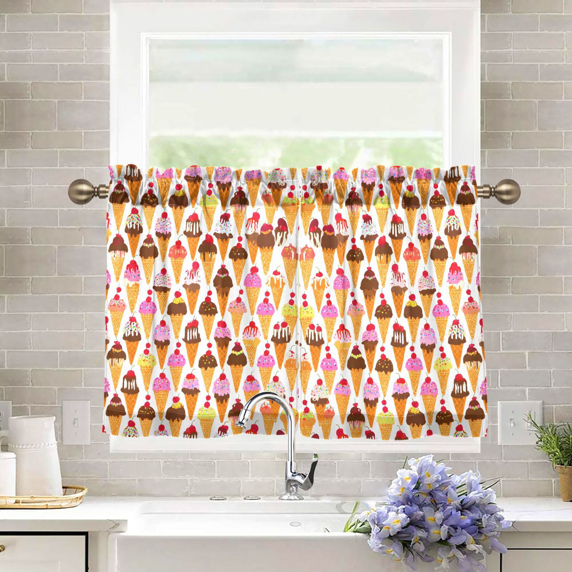 Linen Kitchen Curtains Colorful Ice Cream Cones Tier Curtains Tier Kitchen Living Room Bedroom Balcony 2 Panels 27x36 Inch