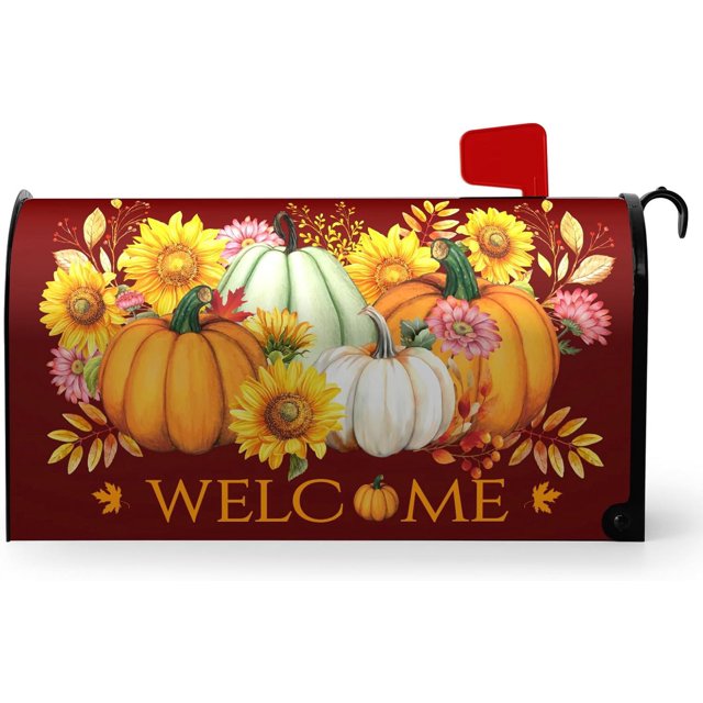 Fall Autumn Pumpkin Mailbox Cover Magnetic Yellow Sunflower Maple Leaves Mailbox Cover Standard Size 21 x 18 Inch Farmhouse Welcome Post Box Covers Wraps Home Garden Decor for Outdoor