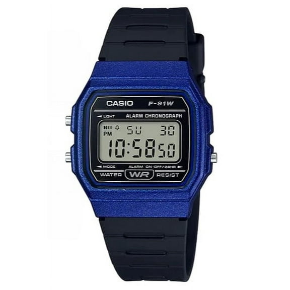 Casio Youth Black Resin Band Blue Bezel Digital F-91WM-2A Unisex Watch