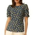 thumbnail image 1 of INSPIRE CHIC Women's Shirred Tops Crew Neck Short Sleeve Keyhole Back Floral Blouse S Deep Blue, 1 of 6