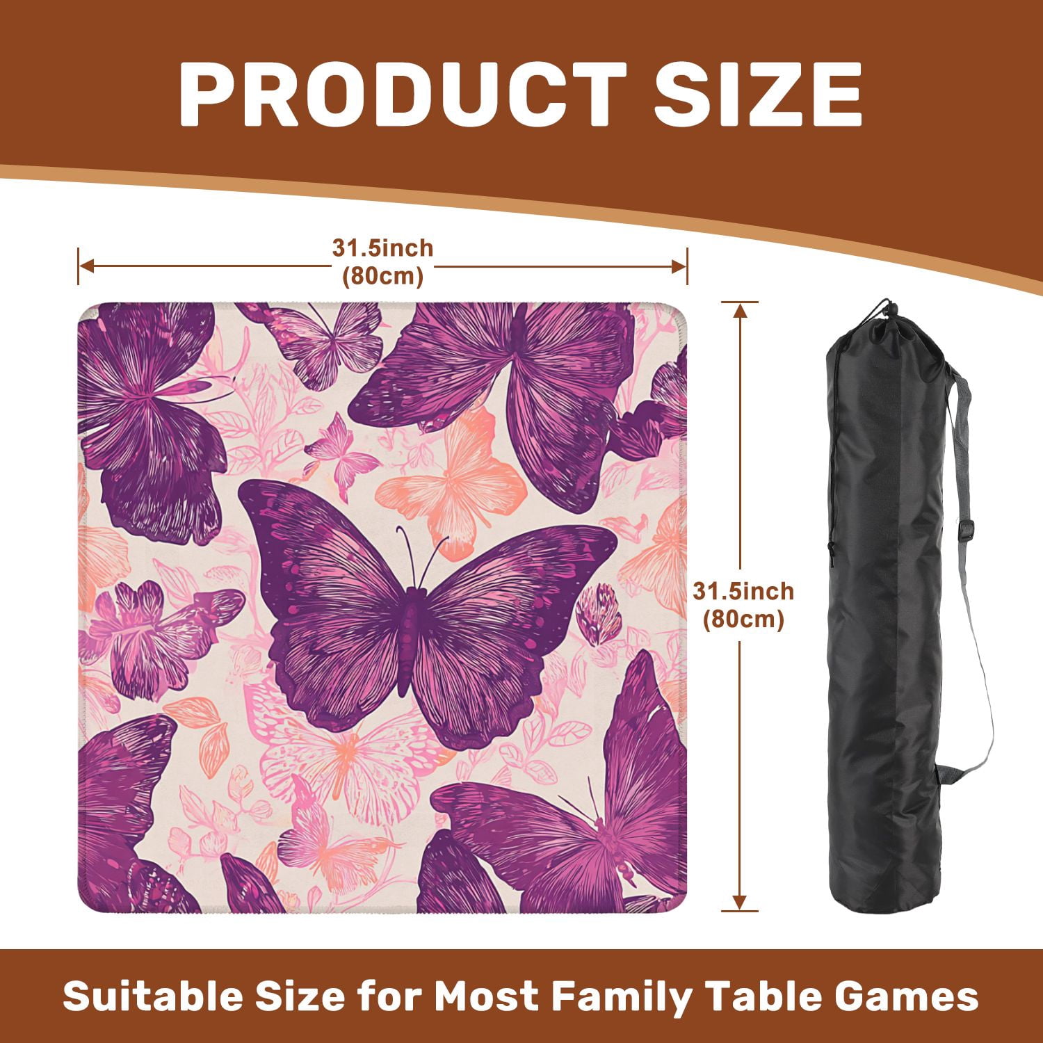 Mahjong Mat 31.5" x 31.5" Seamless hand drawn butterflies seamless Non-Slip Noise Reduction American Mahjong Tiles Table Cover for Dominoes Poker Card Board Games Gift
