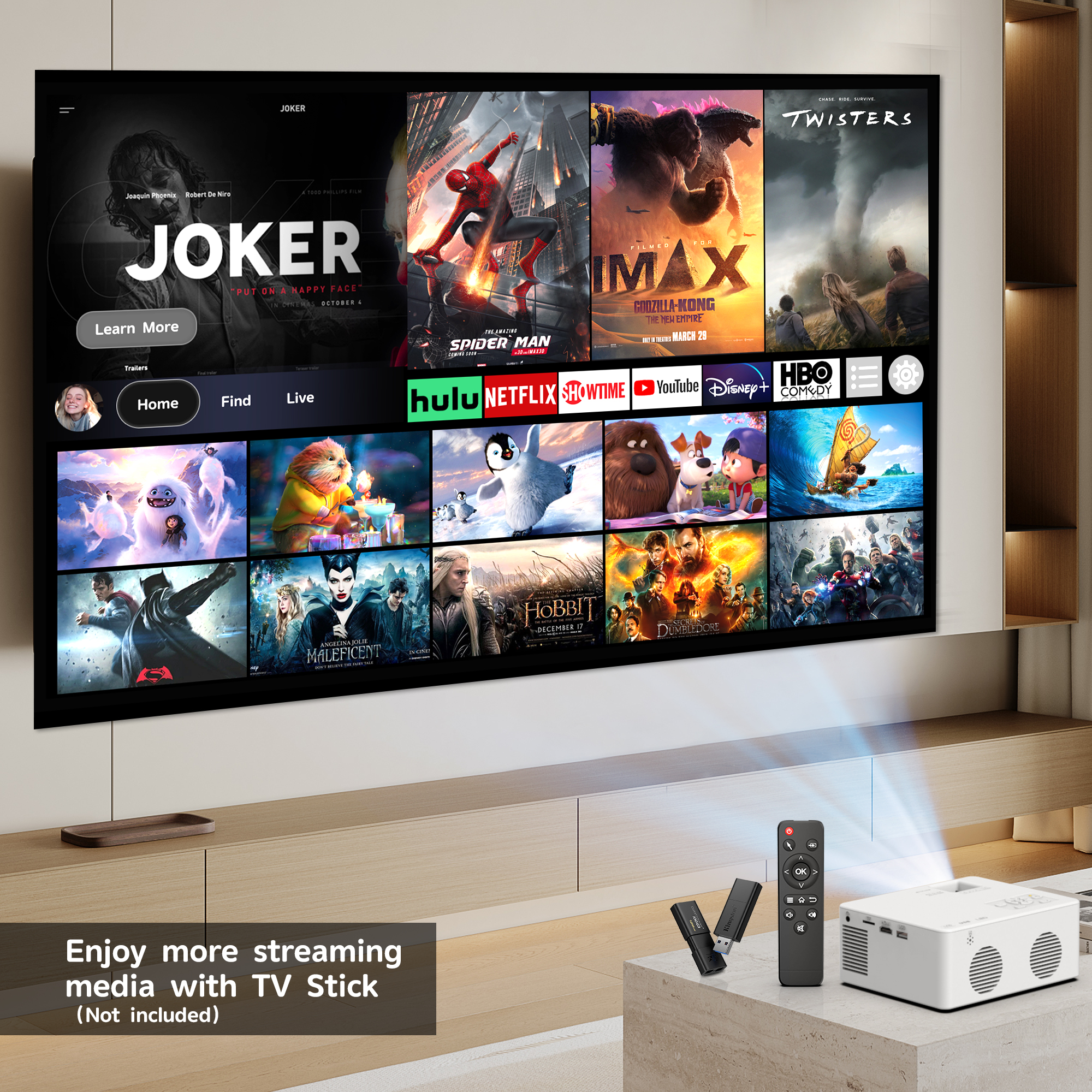 GCZ Mini Projector, Projector with WiFi and Bluetooth, 1080P Full HD Support, Compatible with TV Stick/Phone/HDMI