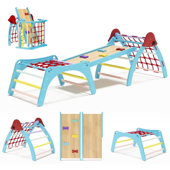 Reasea Pikler Triangle Climbing Set, Montessori 5-in-1 Kids Climbing Set, Indoor Jungle Gym for Baby, Toddlers, 3-Pieces
