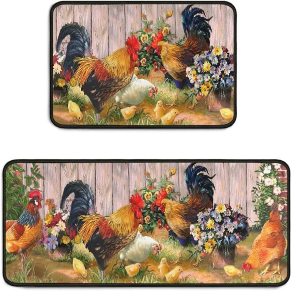 HLONK Rooster Kitchen Rugs Set 2Pcs Non Slip Kitchen Floor Rug and  Rooster Chicken Theme Kitchen  for Farmhouse Kitchen Floor Decor 17”x47”+17”x30”