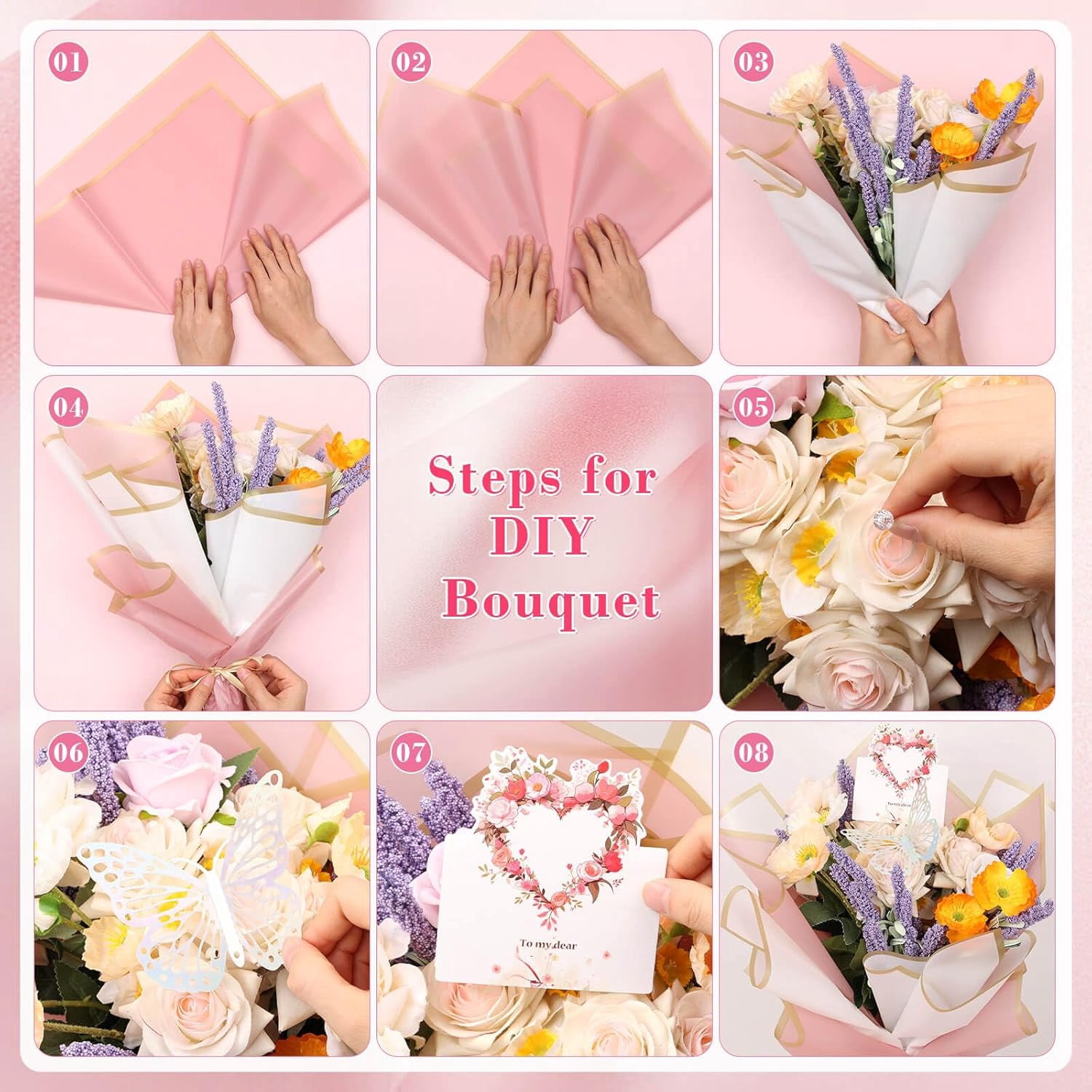 ANHXN  Flower Bouquet Wrapping Paper Kit Includes Floral Paper, Butterflies, Bouquet Pins, Ribbons and Greeting Cards for Mother's Day Wedding Baby Shower Graduation