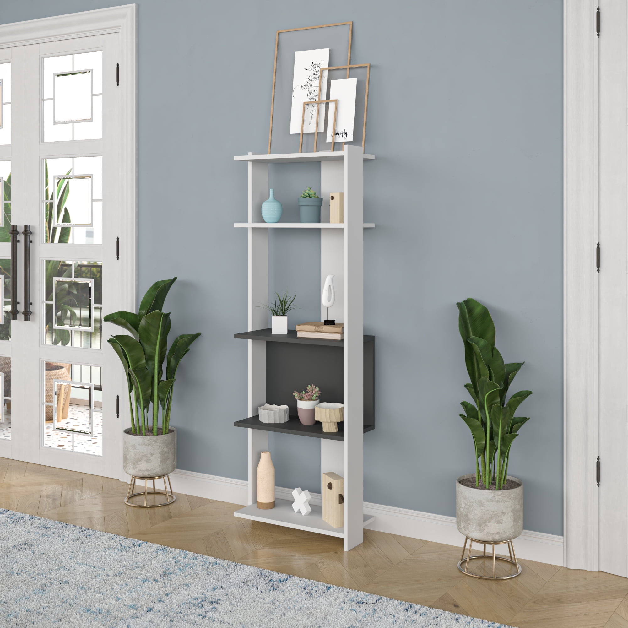 Ada Home Decor Abis 4 Tier Open Shelf Narrow Modern Bookcase, Anthracite/White