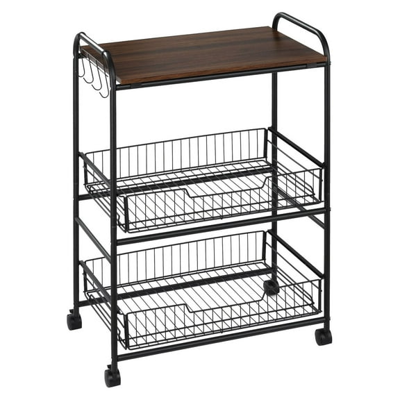 SAZYY Walnut 3-Tier Mobile Kitchen Trolley, Versatile Storage Cart with Basket Drawers for Kitchen & Dining Room
