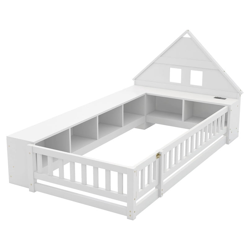 Twin Size Wood Floor Bed with Guardrail & Small Door, House-Shaped Bookcase Headboard Kids Platform Storage Bed with LED & Outlet