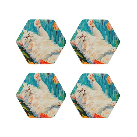 

Tideii Playful Floral Cat for Leather Coasters 4 Pieces Anti-fouling and Anti-scalding Decorative Coasters Suitable for Restaurants Kitchens Coffee Shops-Hexagon