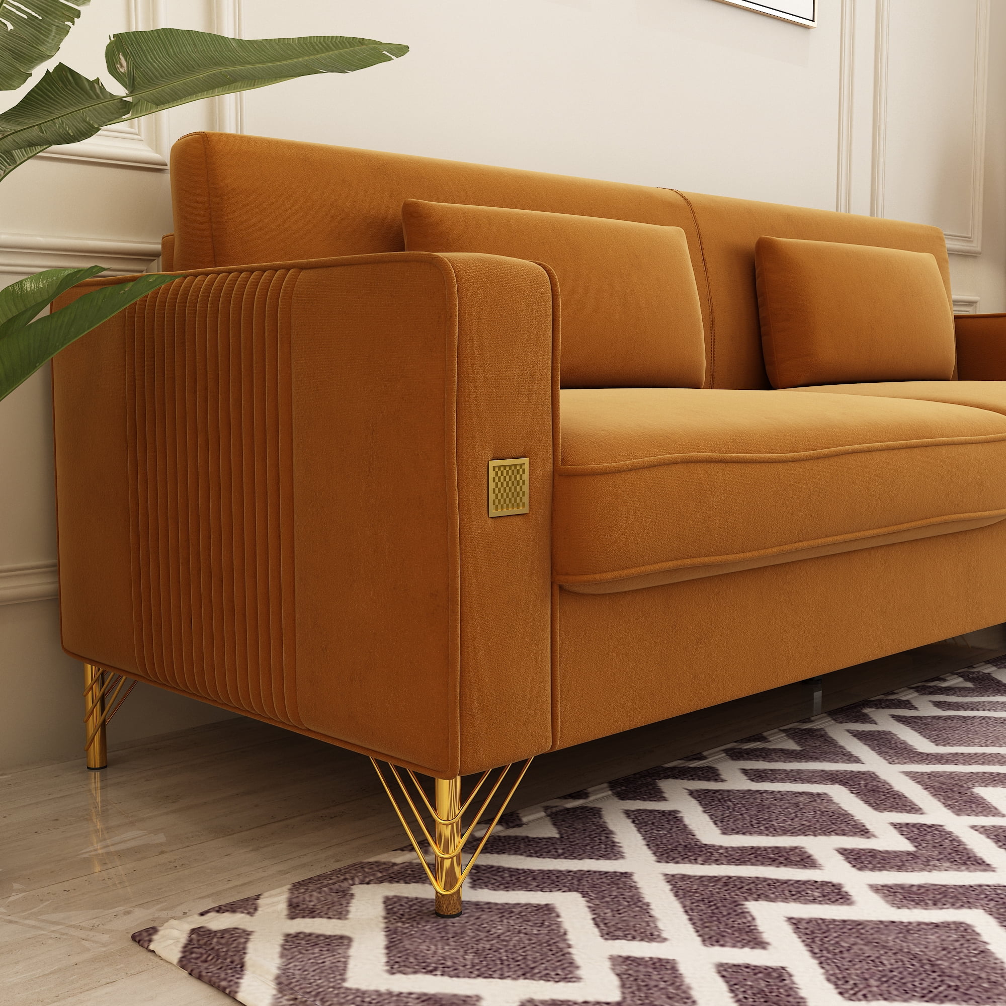 Modern Velvet Upholstered Sofa Couch with Pillows Removable Cushions and Gold Metal Legs for Living Room Office Apartment