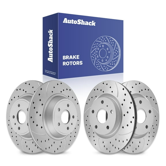 AutoShack Front Vented & Rear Solid Drilled & Slotted Coated Brake Rotors Silver Matte Finish 4-PC Set Replacement for 2018-2020 Ford Fusion TurboGuard