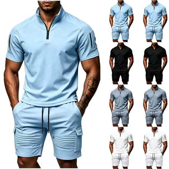 Zormilly Mens Two Piece Summer Outfit Short Sleeve Collared Shirts Shorts Loungewear Sets with Pockets Loose Workout Sets, S-3XL