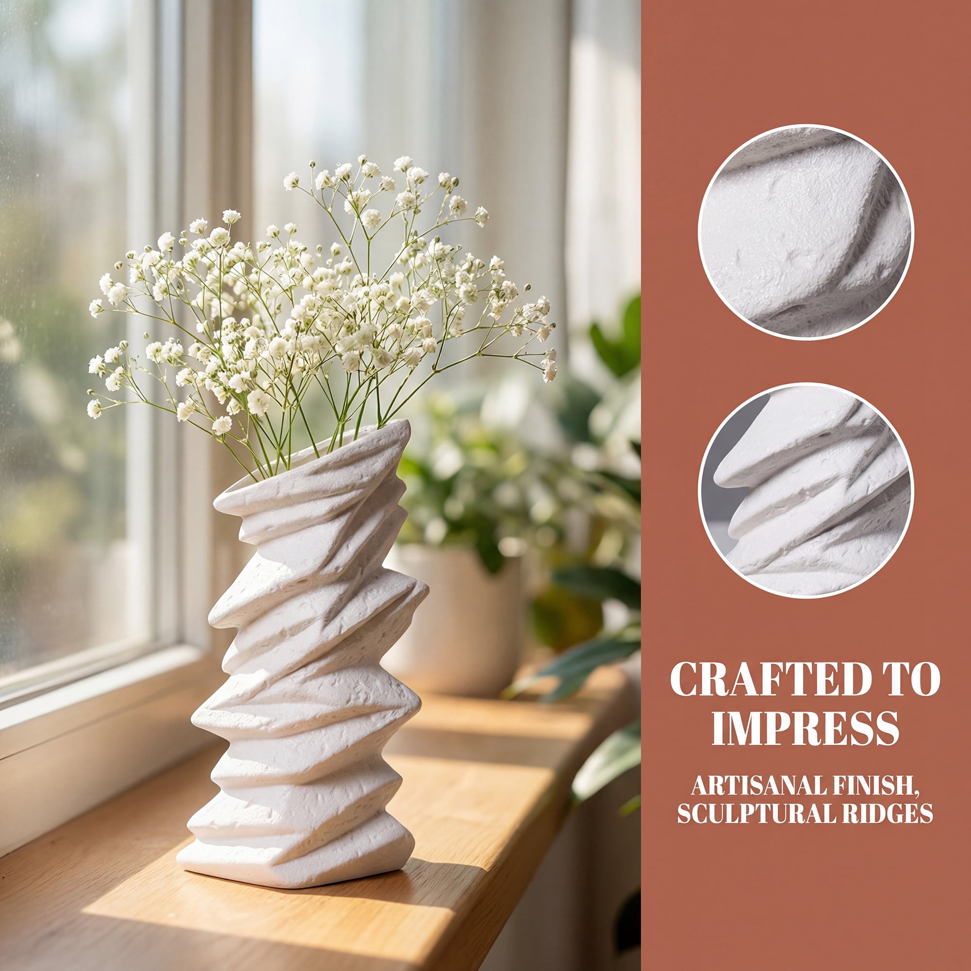 Unique Bargains Modern Ceramic Vase for Home Decor Matte Ribbed Flower Vase White 4.3