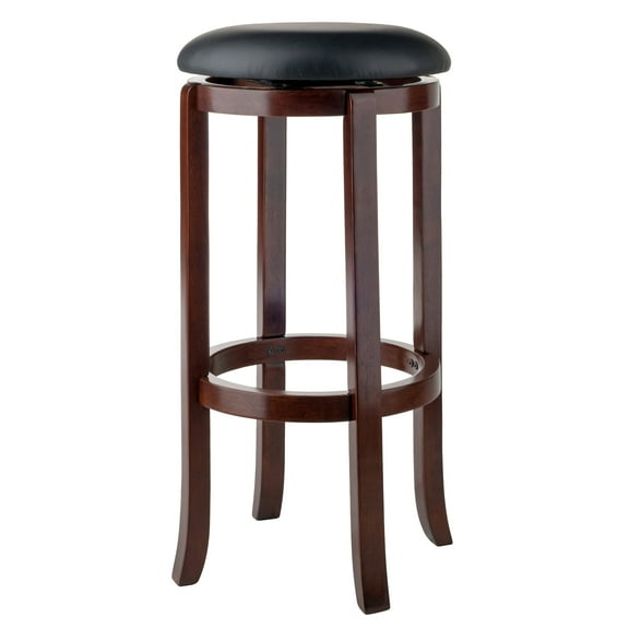 Contemporary Home Living 30” Black Leather Backless Design Swivel Bar Stool with Brown Wood Frame