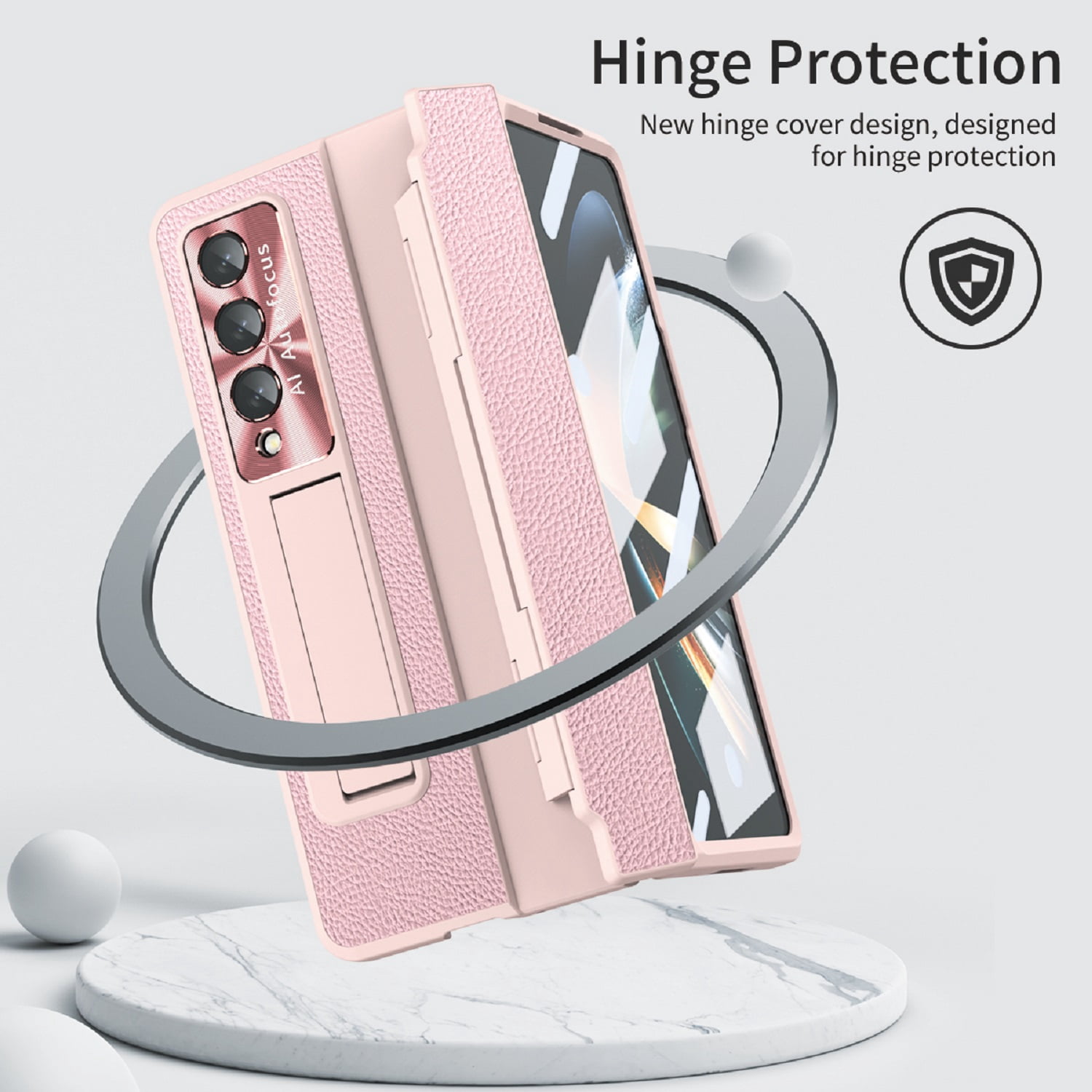TECH CIRCLE Galaxy Z Fold 3 Case, Ultra-Thin Luxury PU Leather Hard PC Kickstand Anti-Scratch Shockproof Hinge Protection Case Support Wireless Charging for Samsung Galaxy Z Fold 3 5G, Pink