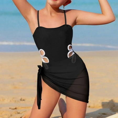 JingChang Teen Girls Swimsuits 3 Piece Tropical Bathing Suits Bikini Set with Solid Color Backless Wrap Dress Cover Up Black 11 Years