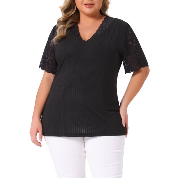 Blusa elegante de manga corta de encaje con cuello en V para mujer de tallas grandes Agnes Orinda, tunic ribeteada, 1X, negra, primavera-verano