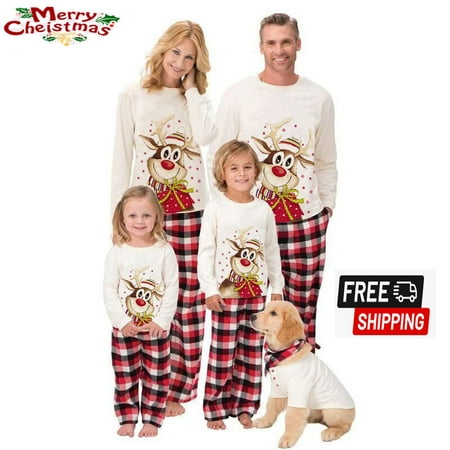 

Family Christmas Pjs Matching Sets Adult Kids Baby Deer Printed Tops+Plaid Pants Sleepwear Nightwear Set