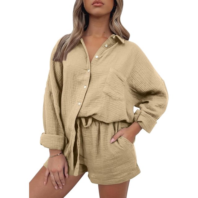 2 Piece Outfits Women Lounge Sets Fall Outfits Button Down Oversized Shirts And Shorts Tracksuit