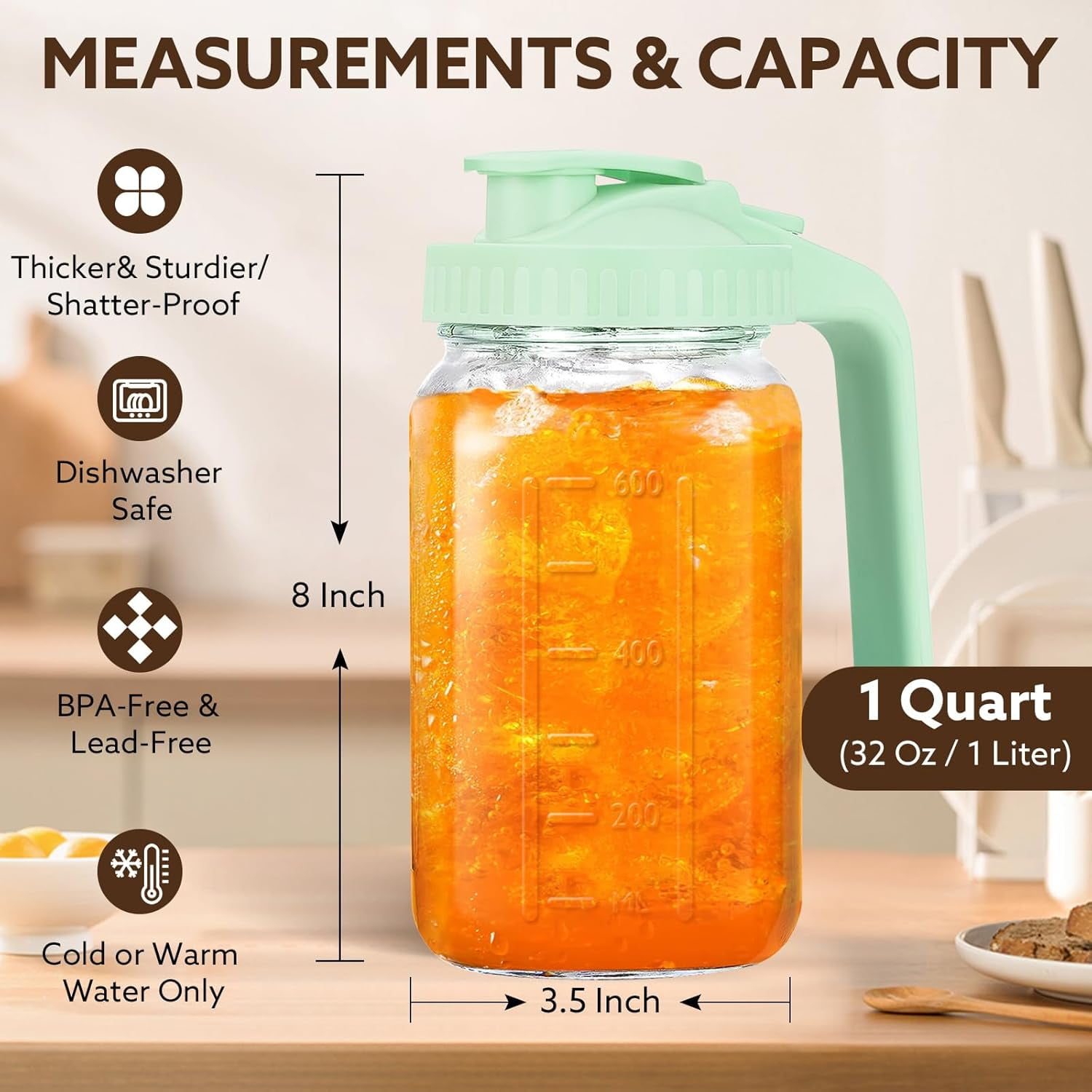 SUMMIT Breast Milk Pitcher, 32 OZ Mason Jar Pitcher with Lid Double Leak Proof,1 Quart Breastmilk Storage Containers for Fridge, Glass Jug for Sun Tea, Juice, Cold Brew Coffee