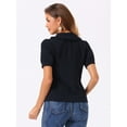 thumbnail image 3 of DARING DIVA Women's Peter Pan Collar Puff Short Sleeve Button Chambray Shirt M Navy Blue, 3 of 6