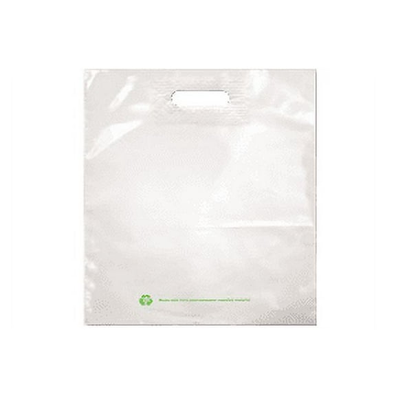White Poly Merchandise Bag, 18" x 19", w Die-Cut Handle and 4" Gusset, 2.25 mil LDPP, 25% PC Recycled - Case of 500