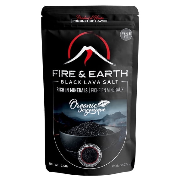 Fire & Earth - Organic Hawaiian Black Lava Sea Salt - Black Salt 0.5lb - Gourmet Finishing for Seasoning - Fine Grain, with Activated Charcoal