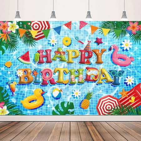 7x5Ft Pool Party Decorations Banner Blue Happy Birthday Pool Party Backdrop Summer Pool Birthday Decorations for Summer Vacation Party Supplies Photo Booth Props