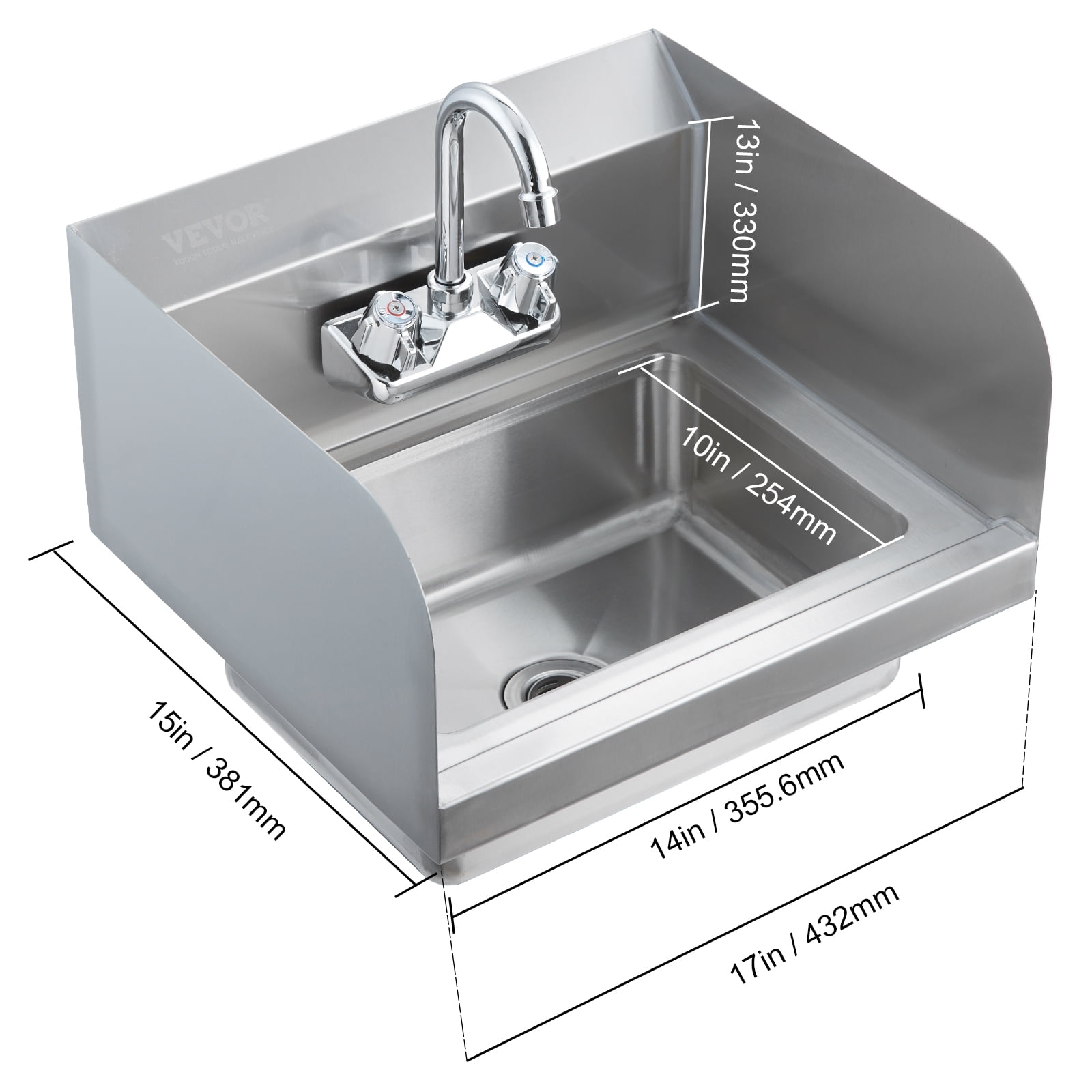 VEVOR Commercial Hand Sink with Faucet and Side Splash, Stainless Steel Sink for Washing, Small Hand Washing Sink, Wall Mount Hand Basin for Restaurant, Kitchen, Bar, Garage and Home, 17x12.8 inch