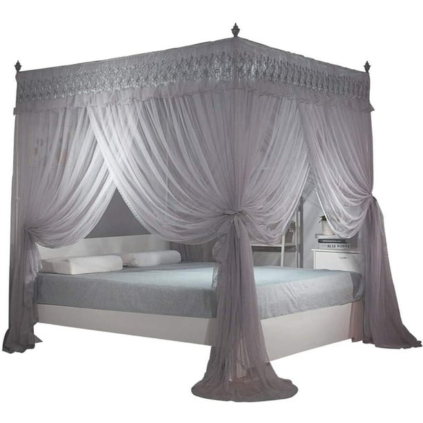 Nattey 4 Corners Post Canopy Bed Curtains For Girls S Lace Openings Canopies Bedroom Decoration Accessories Queen Gray Com Nattey 4 Corners Post Canopy Bed, Canopy Bed With Curtains Closed