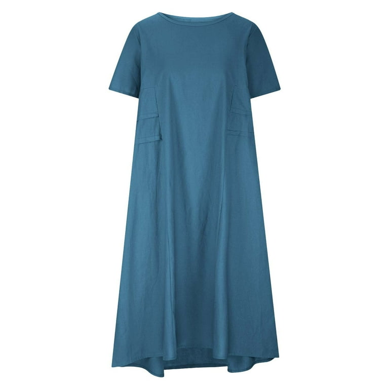 WIZUTIZ Casual Summer Dresses for Women Casual Plus Size Flowy Linen Solid  Sun Dress Short Sleeve Crew Neck Vacation Dress for Womens Midi Dress  Wrinkle-Free Dress Blue - Walmart.com