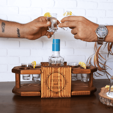 Custom Tequila Shot Board – 14"x5.11"x4.72" Wood Stand with 6 Shot Glasses & Bottle Slot