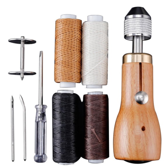 Leather Sewing Thread Kit, START MAKERS 9 PCS Portable Sewing Kit, Manual Sewing Awl with Needles & Waxed Thread, Hand Stitcher Repair Tool for Leather, Heavy Fabrics, C