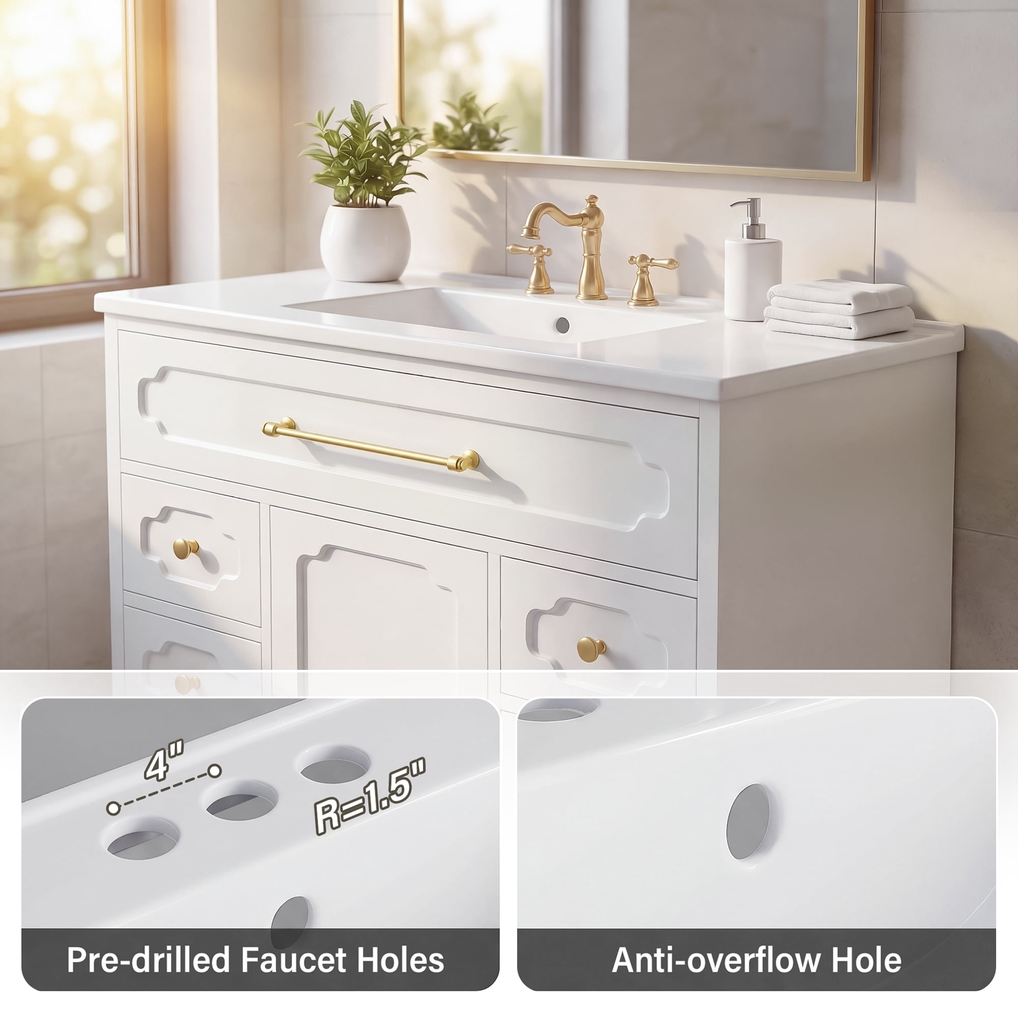 Homall 36'' Bathroom Vanity with Ceramic Sink, Freestanding Bathroom Cabinet with 5 Drawers & 1 Door, Modern Bathroom Vanity, White