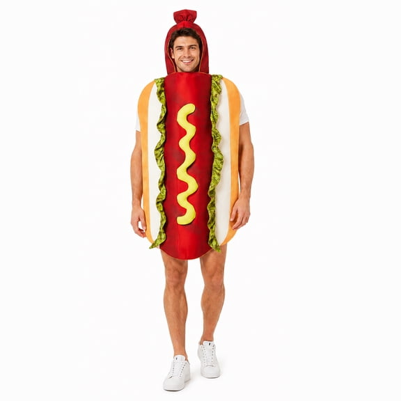 GOBWCOT Hot Dog Costume for Adults, Funny Food Hotdog Outfit for Halloween Party, Trick‑or‑Treat, Cosplay, Carnival Dress‑up