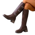 thumbnail image 4 of Knee High Boots Women Square Toe Pull On Wide Calf Riding Fashion Buckles Chunky Metallic Casual Vintage Buckle Brown 9.5(43), 4 of 9