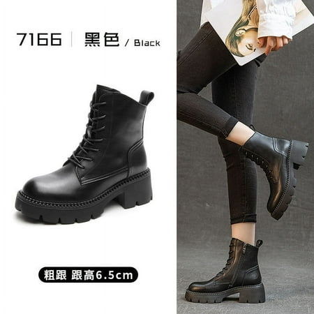 

HHH Vintage British Leather Martin Boots Autumn and Winter Thick Bottom Chunky Heel Women s Fleece-Lined Boots All-Matching round Toe High Heel Booties Wholesale