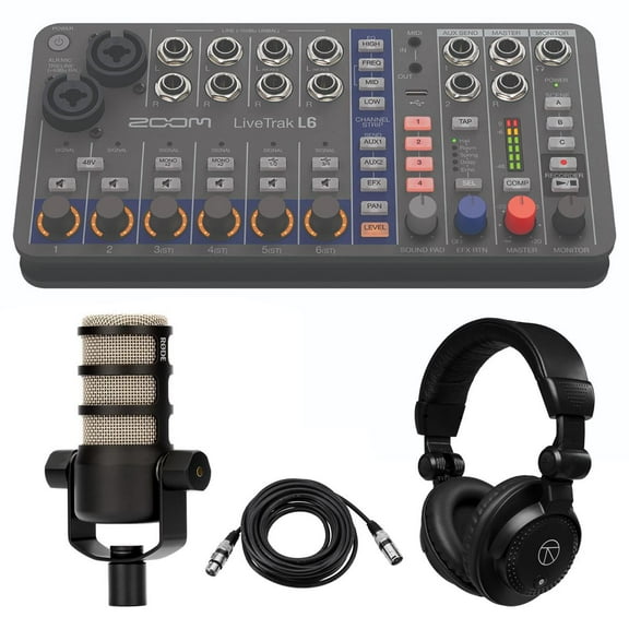 Zoom LiveTrak L6 10-Track Compact and Portable Digital Mixer/Recorder, Bundle with PodMic Microphone, TAPH100 Monitor Headphones, 25' Microphone Cable