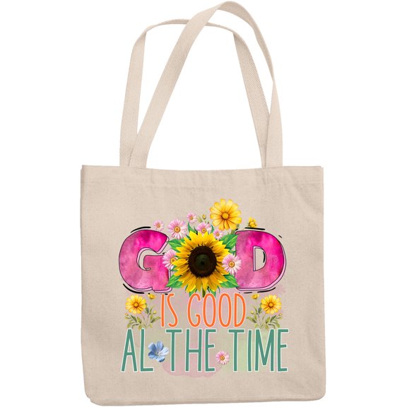 God Is Good All the Time Quote with Sunflower & Other Flowers Art Merch Gift, 12oz Canvas Tote Bag