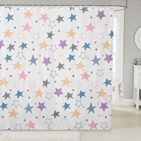 Manfei Colorful Stars Shower Curtain 72Wx72L,Cute Cartoon Themed Bathroom Curtain,White